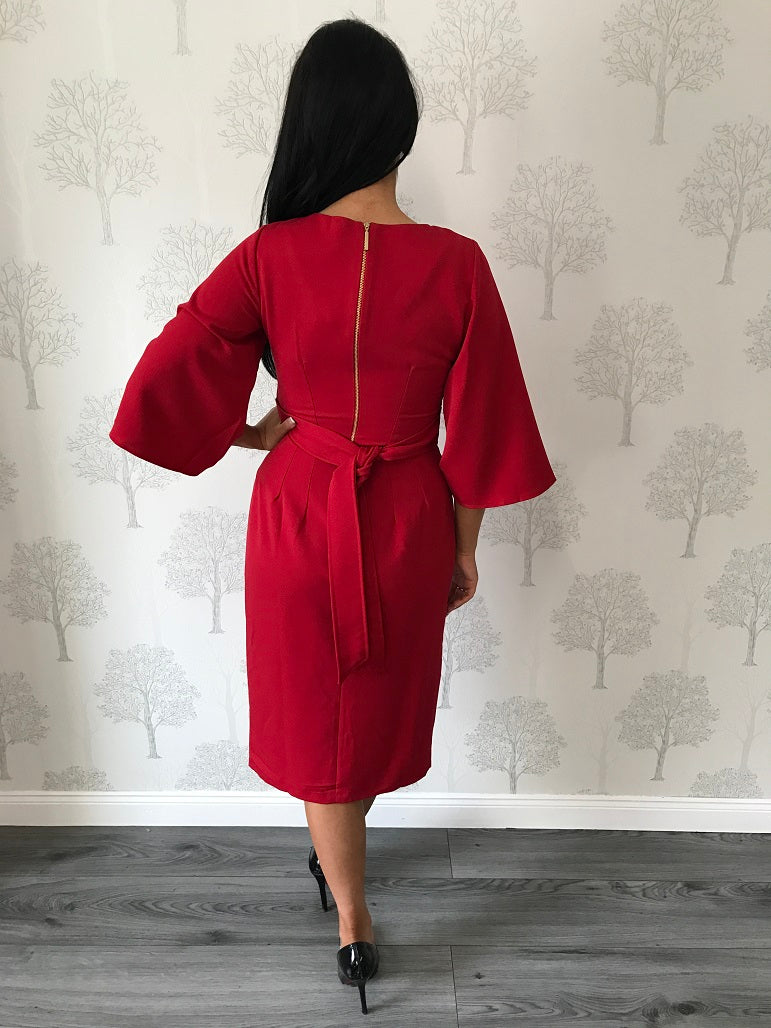 Norah Red V Neck Flared Sleeve Dress